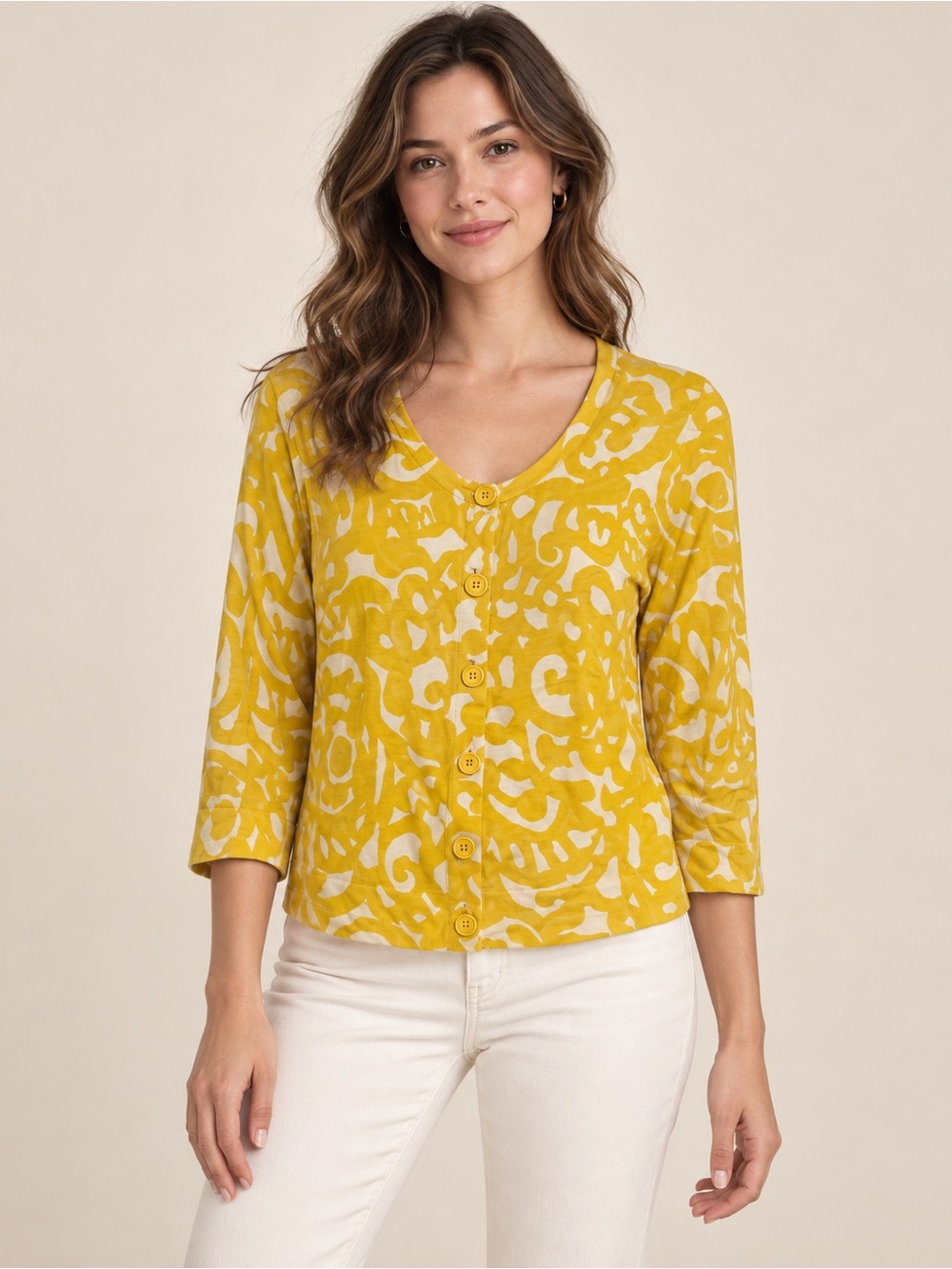 Merona Yellow Abstract Print Button Front 3/4 Length Sleeve Cardigan Size Large